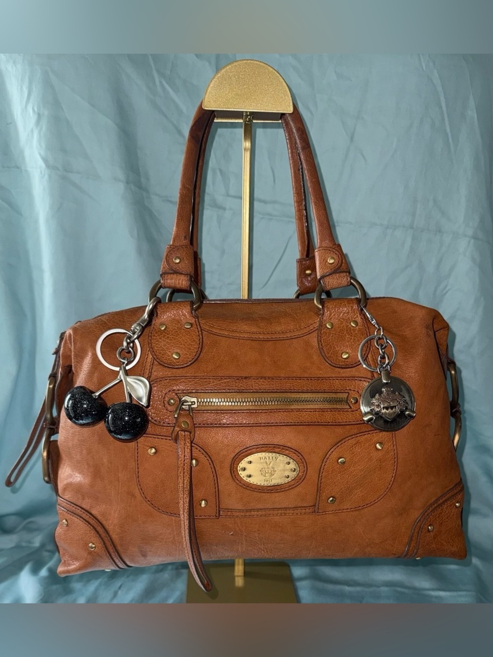 Bally Vintage Cognac Leather Shoulder Bag with Charm Accents